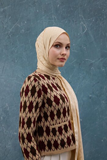 İpekhan Beige Silky Jacquard Shawl - Fall Winter 9019-26
