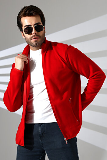 DİVİSTA Men's Red Color Zippered Stand Collar Fleece