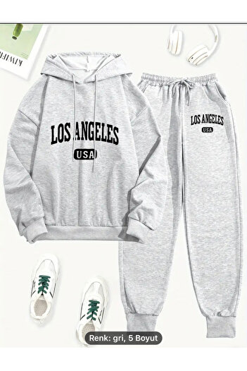 SimStone Letter Print Two-Piece Set, Comfortable Long Sleeve Hooded Sweatshirt and Lace-Up Jogger Pants