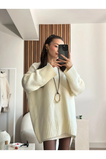 My Blog Ecrufarbener, einfarbiger, dicker Basic-Pullover – 4700