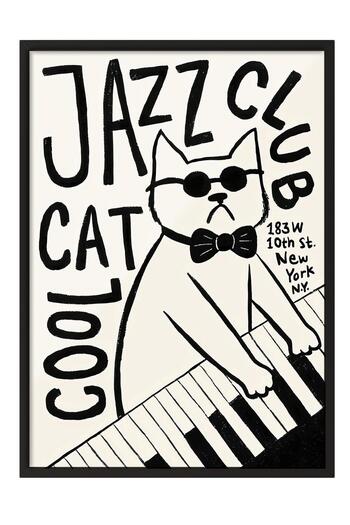 Postifull Black Framed Painting, Poster and Frame Set, Cool Cat Jazz Club Comfort Series No:108688