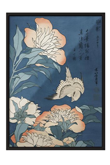 Postifull Siyah Çerçeveli Tablo, Poster ve Çerçeve Seti, Hokusai - Peonies And Canary Comfort Serisi NO:108694