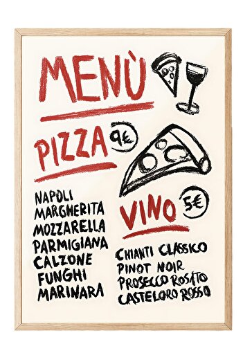Postifull Wooden Framed Painting, Poster and Frame Set, Pizza Vino Menu Comfort Series No:108605
