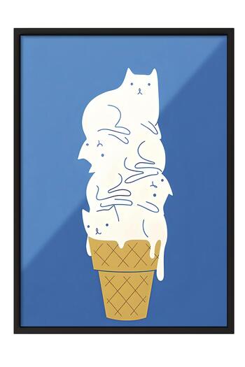 Postifull Black Framed Painting, Poster and Frame Set, Cats Ice Cream Comfort Series No:108731