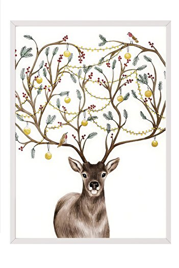 Postifull White Framed Painting, New Year Poster, New Year Decoration, Decorated Deer Comfort Series No:108642