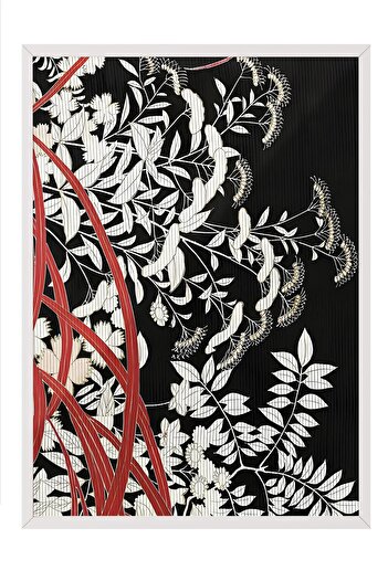 Postifull White Framed Painting, Artistic Design Wall Painting, Japanese Flowers Comfort Series No:108723