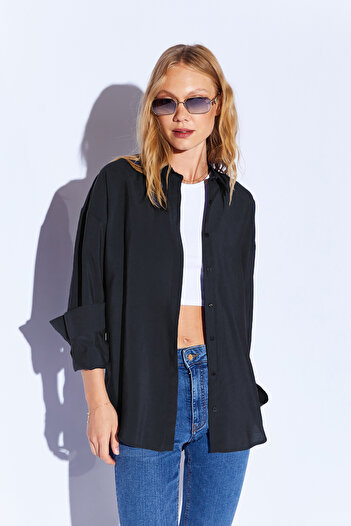 Manche Siyah Modal Soft Dokulu Yumuşak Gizli Pat Detaylı Oversize Kadın Gömlek | Mks168262-01