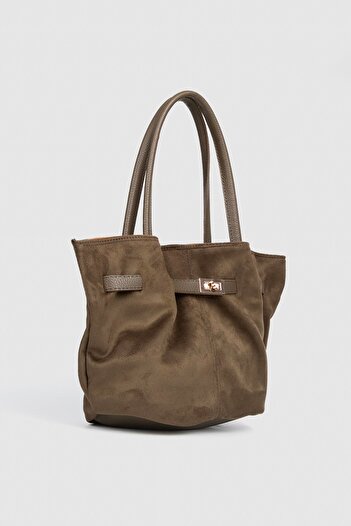 La La'Graccio Paris La'Graccio Paris Women's Suede Leather Magnet Closure Lock Detailed Hand and Shoulder Bag Khaki Green