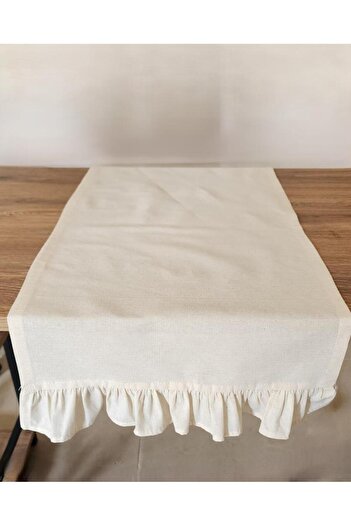ALTINPAMUK Vintage Beige Raw Linen Runner - 2-Edge Ruffle, 40X110 Cover