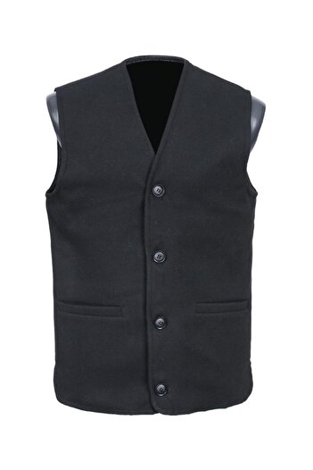Sanalbolluk V-Neck Stamp Fabric Buttoned Men's Vest Black Color