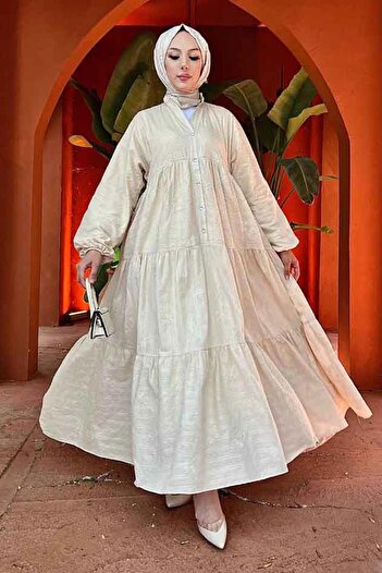 N.S NEVA STYLE Folded Beige Hijab Dress 10002Bej