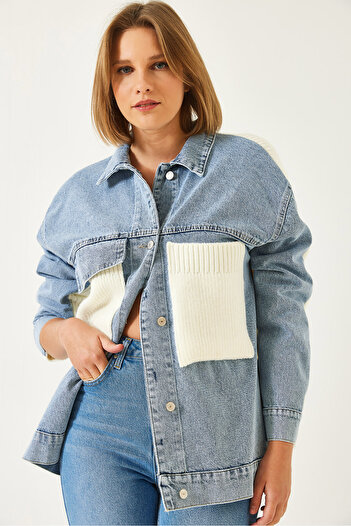 Bianco Lucci Women's Knitwear Detailed Denim Coat 60261074