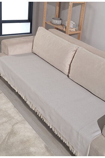 Miracolo Home Açık Gri Pamuklu 2'li Koltuk Örtüsü 115x200 Önden Saçaklı Çizgili Desenli