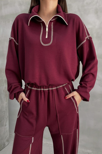 Ortaya Çık Burgundy Reverse Stitching Detailed Tracksuit Set