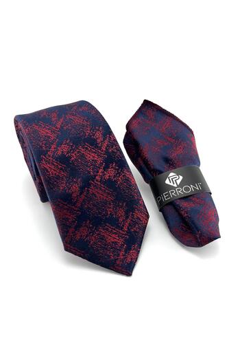 PİERRONİ Navy Blue Light Burgundy Patterned Handkerchief Tie P0385