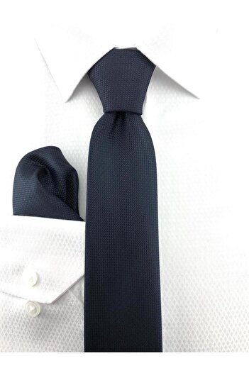 PİERRONİ Dark Navy Blue Oxford Pattern Handkerchief Tie