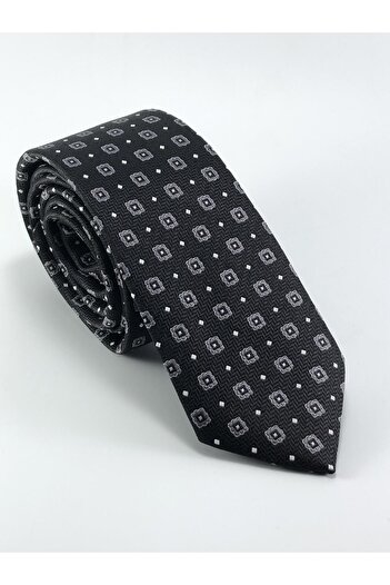 PİERRONİ Black Gray Patterned Slim Tie