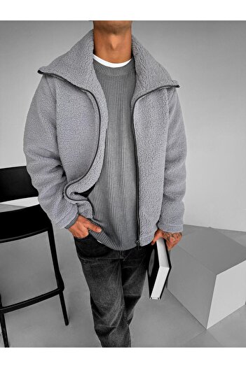 ablukaonline Men's Oversize Stand Collar Plush Jacket Light Gray