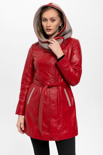 Deriderim Red Julia Knitwear Hooded Belt Genuine Women's Leather Coat