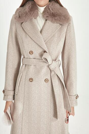 Zühre Fur Detailed Double Breasted Collar Beige Stash Coat 13114