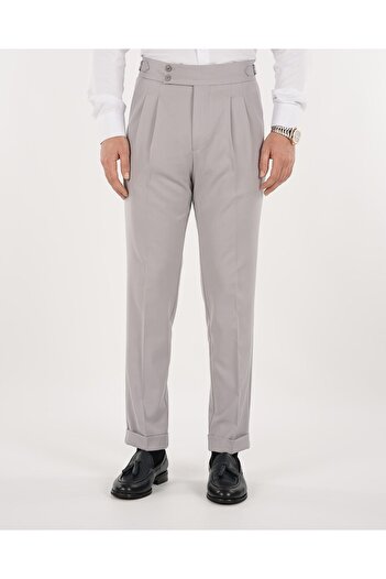 LONATOLİA Men's Regular Fit High Waist Pleated-Buckle Fabric Trousers-Light Grey