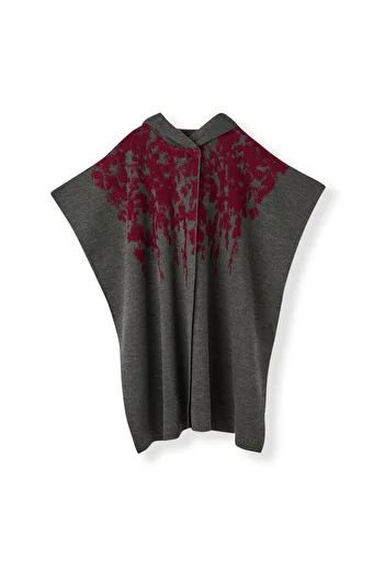 Uludağ Triko Women's Anthracite Burgundy Floral Patterned Poncho