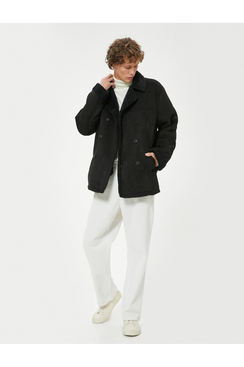 Koton Slim Fit Coat Suede Look Plush Inside Buttoned