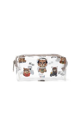 VUKİ Cat Transparent Zippered Patterned Pencil Case