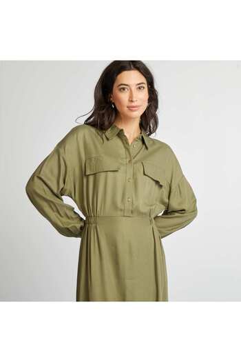 KIABI Long patterned dress with shirt collar KHAKI