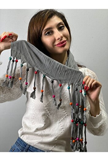 Gönülden Tasarım Gray Combed Women's Scarf - 160X40 Cm, Wooden Beaded Shawl