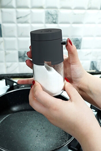 ATA HOME New Generation Dosing 4-Piece Black Sugar Bowl Pepper Bowl Button Press Salt Bowl Spice Bowl Set