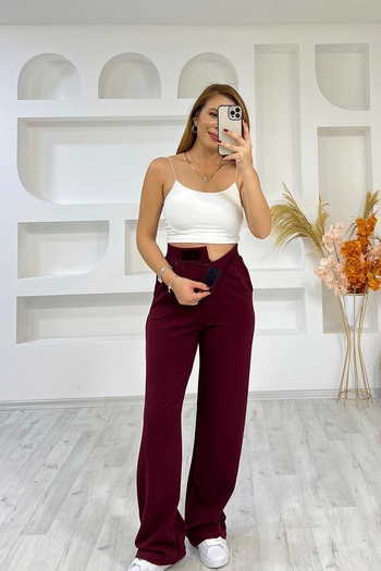 İrka Moda Elastic Waist Velcro Palazzo Red Trousers