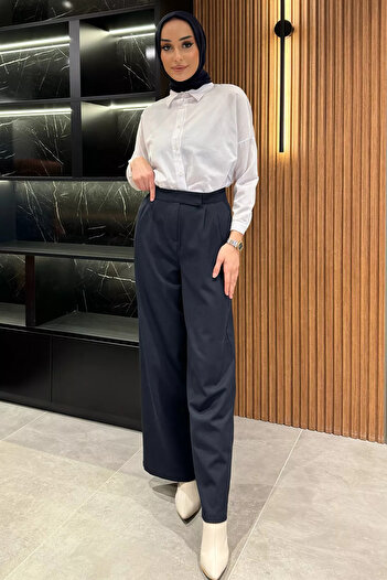 julude Dark Blue Women's High Waist Velcro Wide Leg Palazzo Hijab Pants