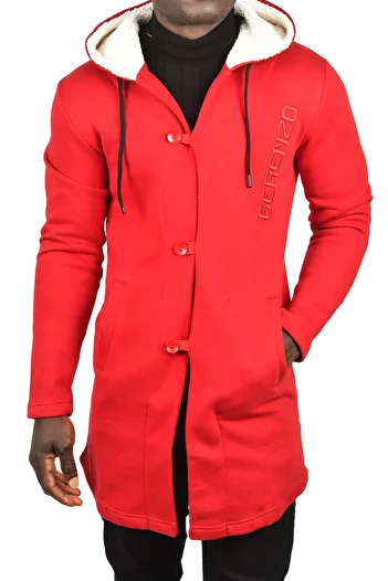 DeepSEA Men's Red Buttoned Hooded Slim Fit Poncho Long Cardigan 2500644
