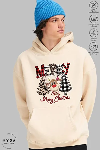 Nyda Collections Unisex Πρωτοχρονιάτικο ελάφι Καλά Χριστούγεννα με στάμπα Oversize φούτερ με κουκούλα