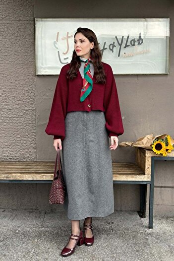 Ceylan Otantik Burgundy Balloon Sleeve Knitwear Cardigan - Anthracite Stamp Pencil Skirt