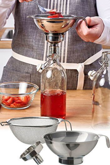 Binbirreyon Stainless Steel Funnel - with Strainer, Bottle Jar, Apparatus, 3 Pieces, 12cm Ra176