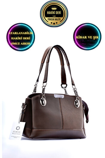 CüzCan Large Volume Brown Genuine Leather Hand and Shoulder Bag for Women