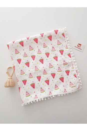 ilkimbebe 85X90 Watermelon Pompom Muslin Newborn Baby Blanket - 100% Cotton