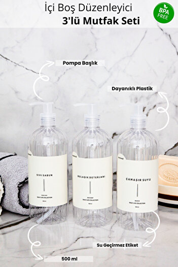 homence 3 Pack Liquid Soap Dishwashing Liquid Laundry Bleach Label Pump Plastic Bottle Transparent 500ml