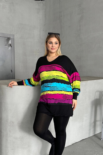 Stil Diva Plus Size V-Neck Striped Long Sleeve Blouse with Slits on the Sides302014