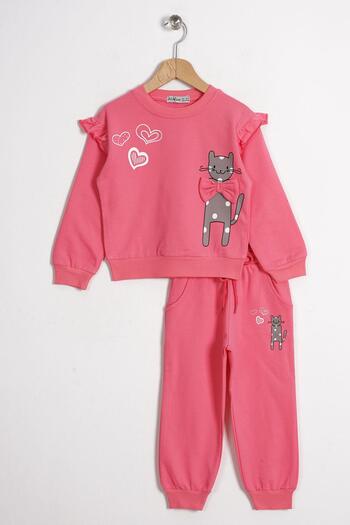 zepkids Crew Neck Long Sleeve Cat Printed Dark Pink Color Girl's Tracksuit Set