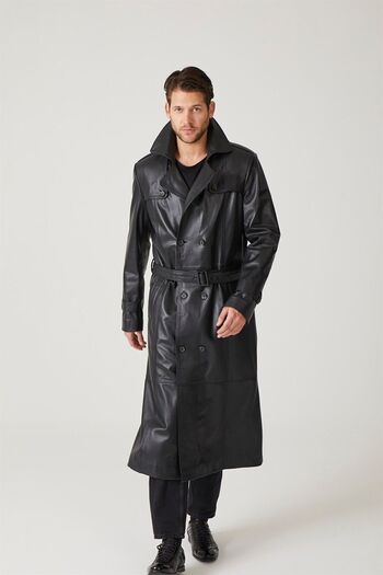 Deriderim Black Matrix Double Breasted Trench Coat - Men's Genuine Leather Coat with Button Closure, Slit and Belt