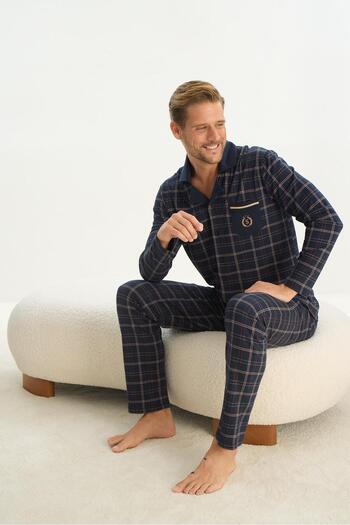 Sevim Σετ πιτζάμες Navy Blue Plus Size - Μακρύ μανίκι, γιακάς πουκάμισου, μπροστινό κουμπί C8T3N5O9