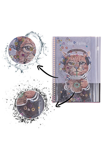 VUKİ A5 Notebook with Cat Glitter and Watery Cover with Pencil Case