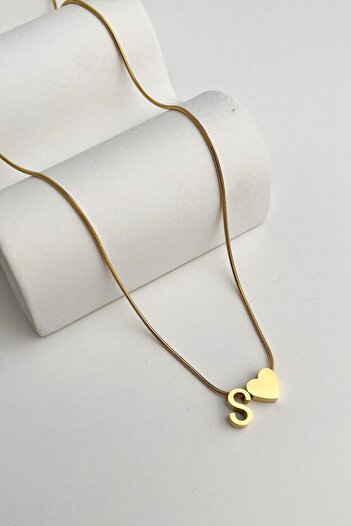 Modex Steel Heart Detailed Letter S Necklace (45Cm+5Cm)
