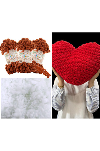 Alize Puffy 3 Heart Pillows - 597 Tan and 400g. Bead Fiber Set