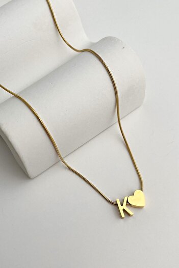 Modex Steel Heart Detailed Letter K Necklace (45Cm+5Cm)