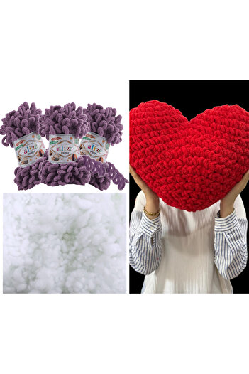 Alize 3 Puffy Heart Pillows - 437 Lavender and 400g. Bead Fiber Set