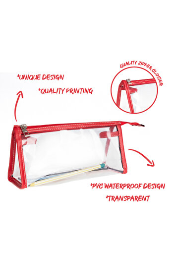 VUKİ Red Color Triangle Clear Leather Zipper Pencil Case & Makeup Bag